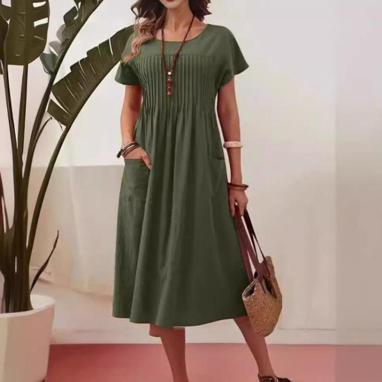 Plus Size Womens Summer Dress Cotton Linen Short Sleeve Round Neck Solid Color Pleated Pocket S-5XL