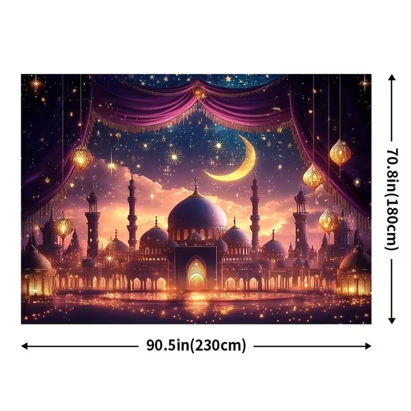 2D Elegant Islamic Tapestry, Night Mosque with Golden Lanterns