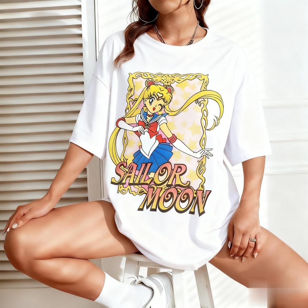 Summer Sailor Moon Graphic Tshirt Unisex Women Anime Print Short Sleeve Tee Oversized Casual Fashion Y2k Clothes Cotton