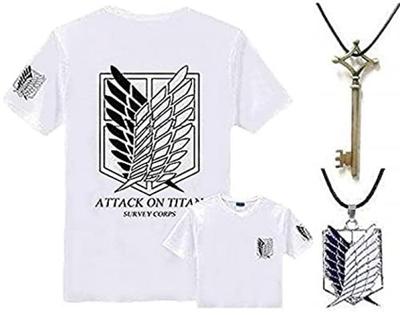 [Entregando amor e paz] Camiseta Attack on Titan + Chave do Porão + Colar Fantasia de 3 peças Regimento de Exploração Asas da Liberdade (L, Branco)