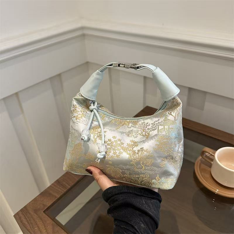 Sweet Embroidery Shoulder Bag Nylon Texture Beads Pendant Crossbody Bag Small Bucket Handbag Women Girl