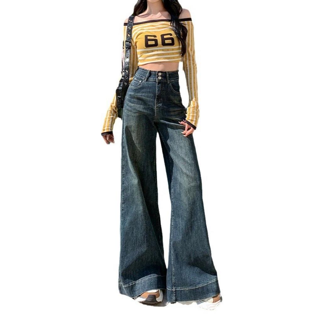 2380 Niche Fashion Double-button Mopping Jeans Women's Spring and Autumn Design Sense High Waist Wide Legs Casual Jeans