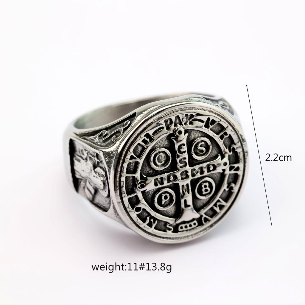 Antique Stainless Steel Men's St Benedict Cross Exorcism Ring