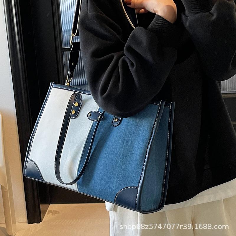 Fashion Color-blocking Tote Large Bag Women's 2025 New Casual Denim Commuter Bag Large-capacity Versatile Crossbody Bag