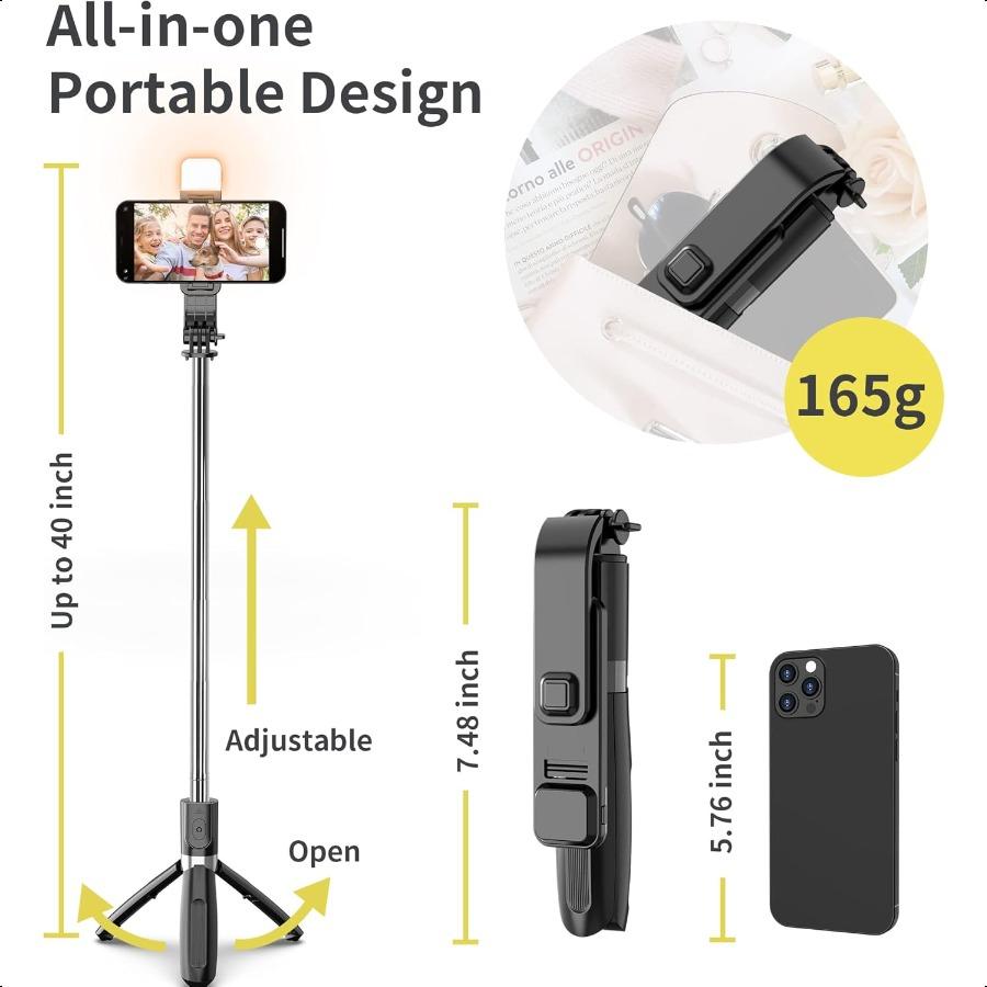 Selfie Stick with Fill Light 104cm Extendable Selfie Stick Tripod with Wirel Remote 3 Light Modes 6 Brightn Levels Compatible w