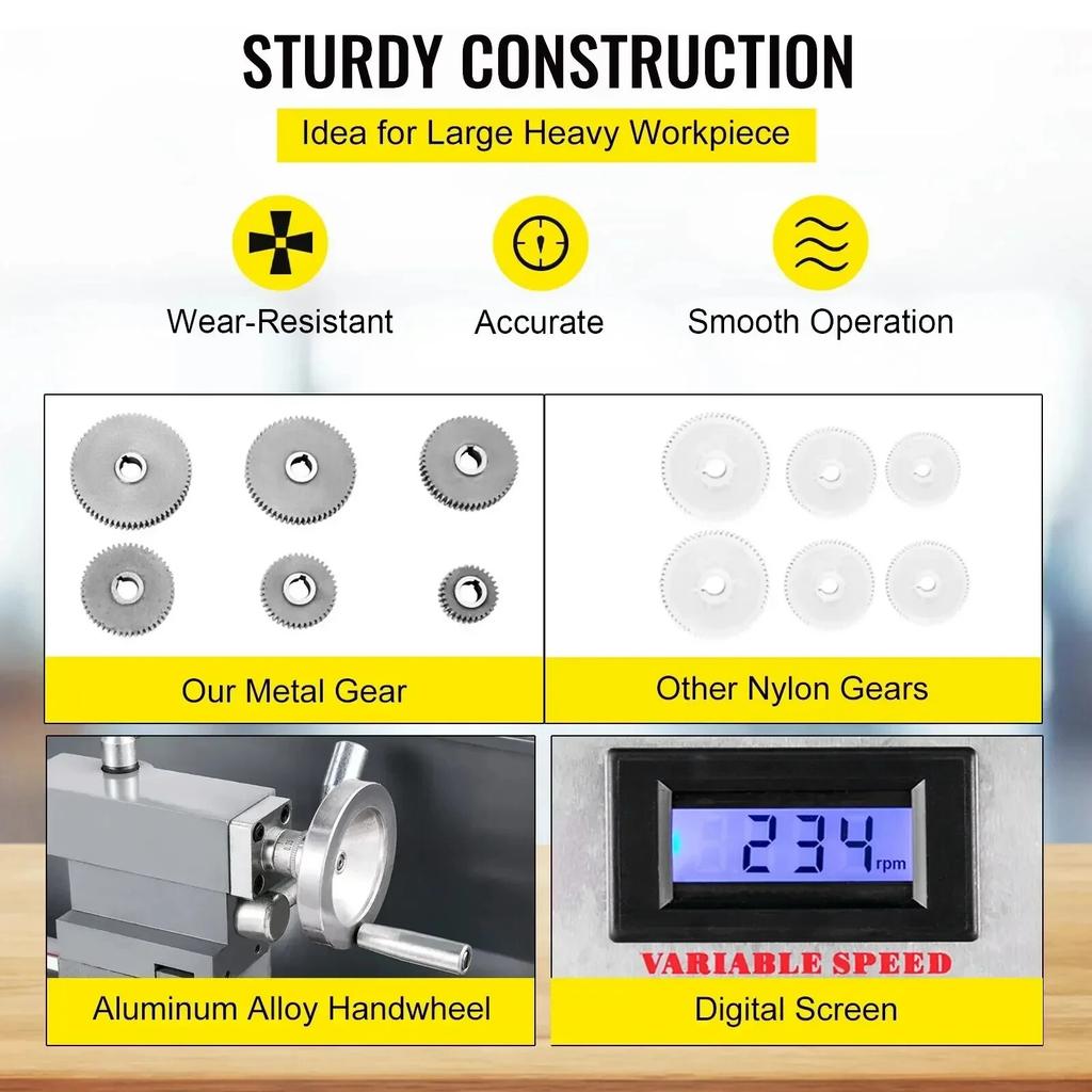 1100W Mini Lathe Mini Metal Lathe 38mm Spindle 3-Jaw Chuck 220x600mm