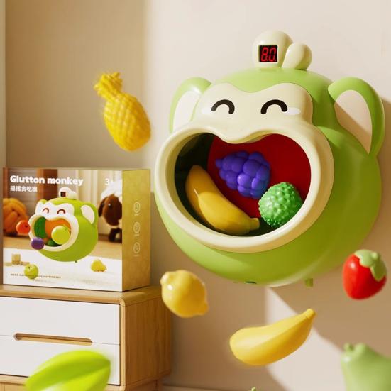 Kids Money Ball Shoot Toy with Scoreboard Fruit Vegetable Accessories Hand-eye Coordination Toddlers Indoor Wall Mount Cartoon Monkey Feeding