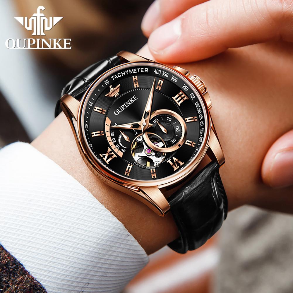 OUPINKE 3222 Original Luxury Men Watch Leather Strap 3D Hollow Chronograph Sapphire Top Brand All Automatic Men Mechanical Watch