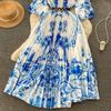 Spring Autumn Women Print Loose Pleated Dress Half Sleeve Oversized Long Maxi Robe