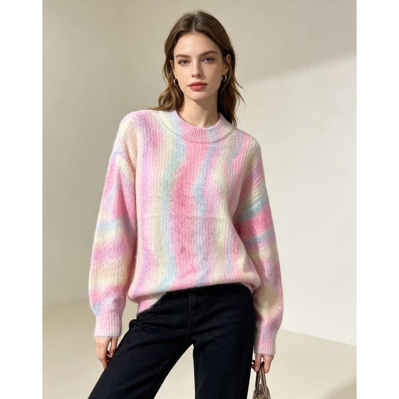 2026 Autumn Women Colorful Sweaters Knitting Basic Fashion O-Neck Style Loose Pullover Sweater