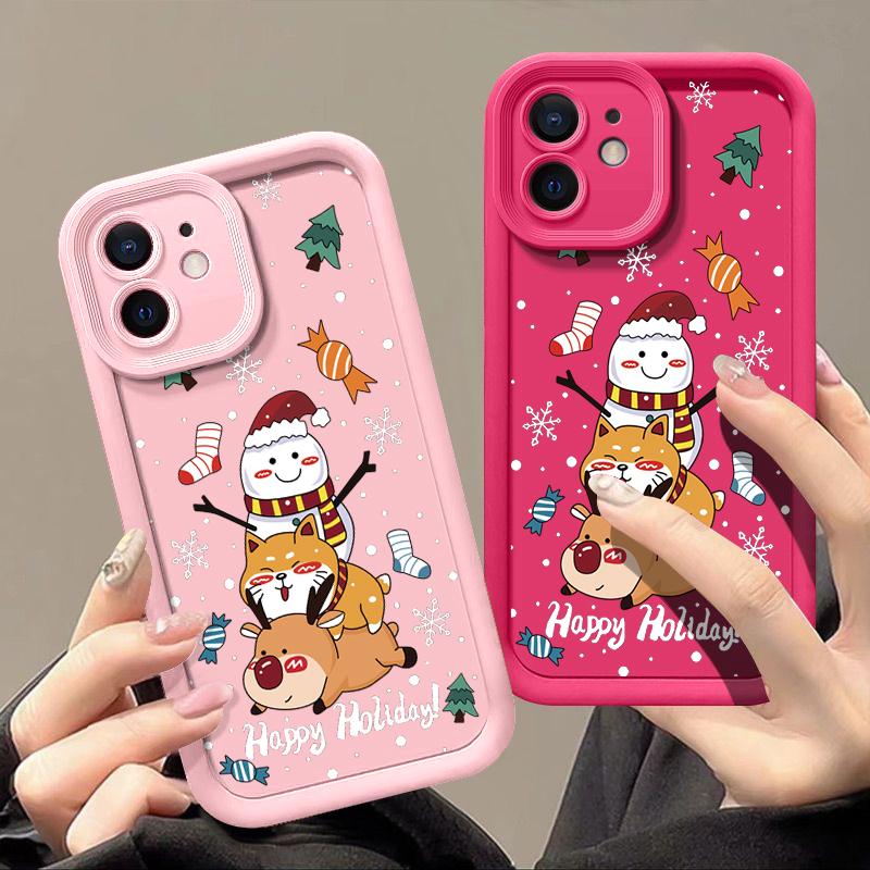 Hülle mit Weihnachtselch-Schneemann-Muster für iPhone 16 Pro 15 14 Plus 13 12 11 Pro Max Xr Xs X 8 7 Linsenschutz, weiches TPU, stoßfest, einfarbige Abdeckung
