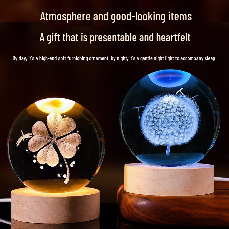 3D Starry Sky Crystal Ball Night Light with Solid Wood Base - Luminous Desktop Ornament & Birthday Gift