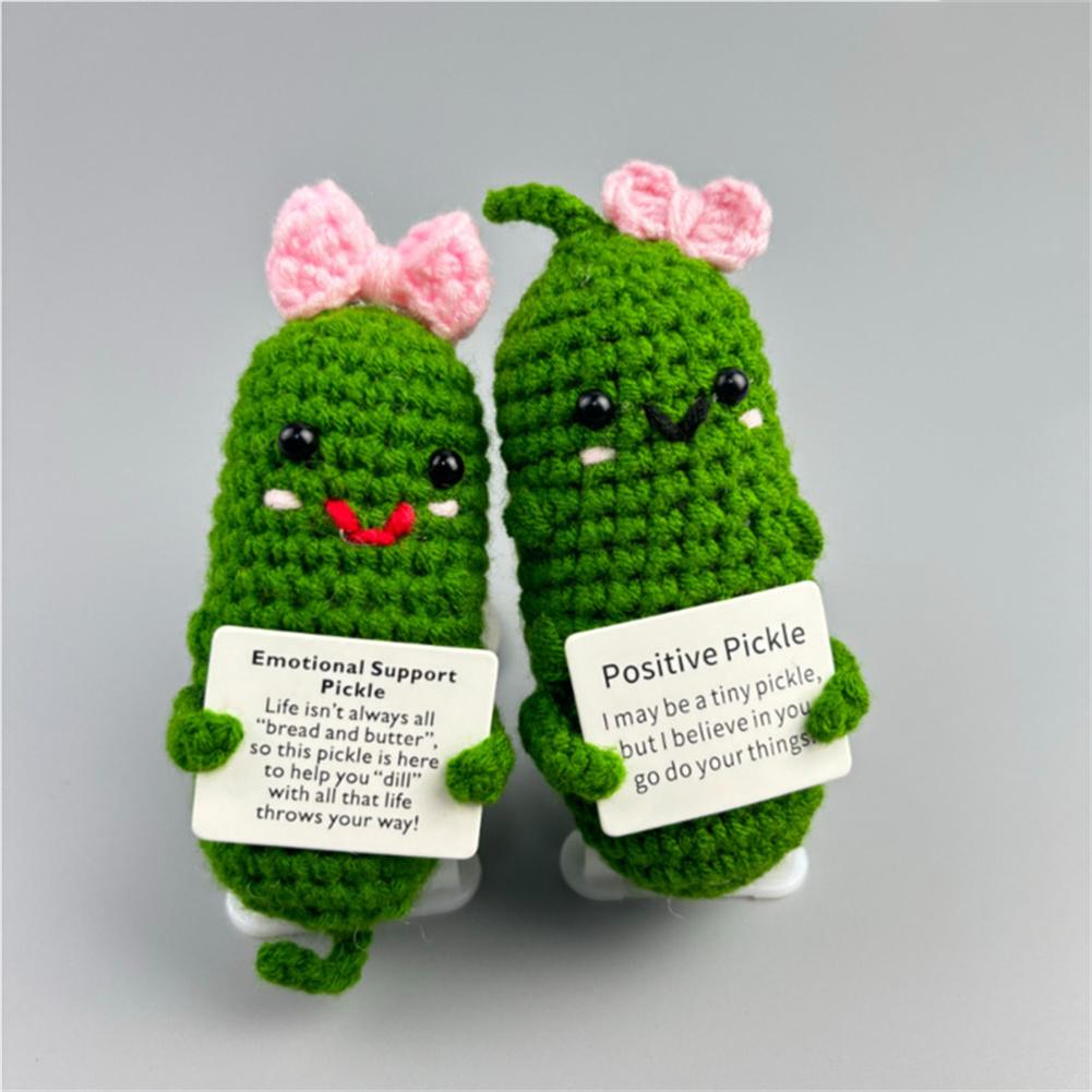 Handmade Emotional Support Pickle Crochet Smiley Sour Cucumber Knitted Pickle with Positive Quote Cheer up Gift Crochet Decor