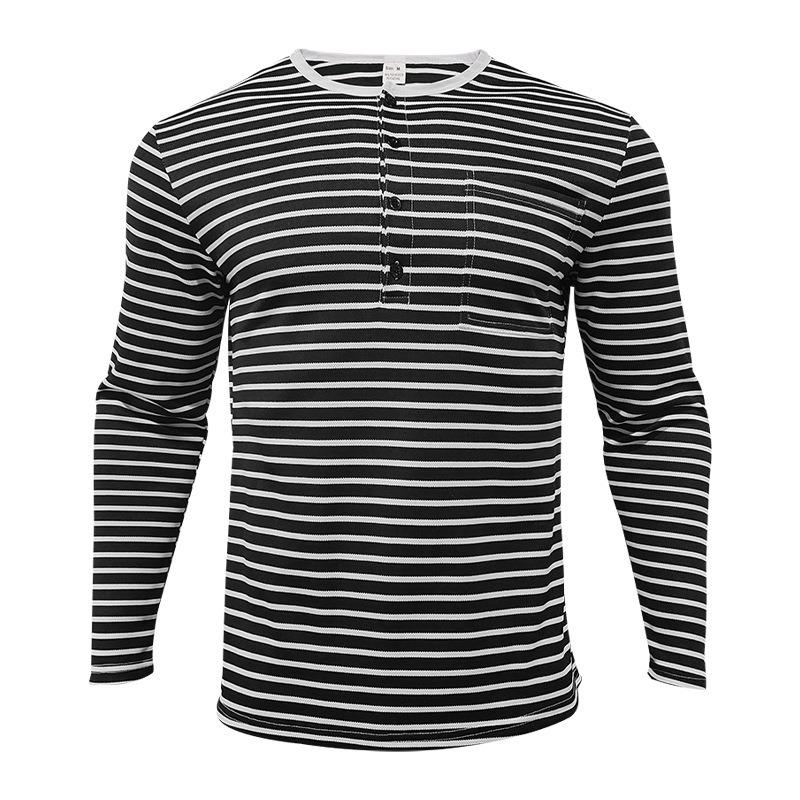 Herren gestreiftes Henley-Shirt Langarm Freizeit Knopfleiste V-Ausschnitt T-Shirt