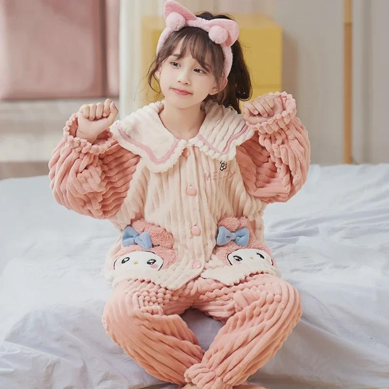 Kids' Flannel Cartoon Pajamas - Warm Coral Fleece for Girls, Autumn/Winter Collection