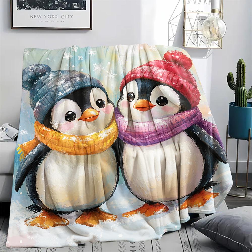 Penguin Print Flannel Blanket, High Quality Comfortable for All Seasons, Home Decor, Warmth and Comfort, Perfect for Christmas Gifts