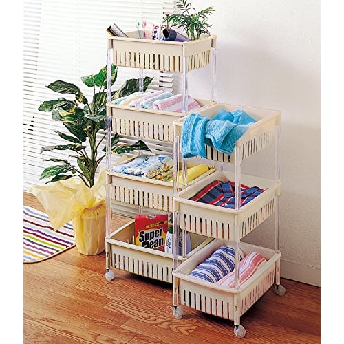 Sanko Plastic M-40 Luce Kitchen Cart, Beige, 4-Tier, 28.5cm Wide X 39cm Deep X 97.2cm High, Made In Japan, Mesh Finish with Casters, Stylish Space-Sav
