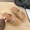 Baotou half slippers women's spring wear new retro flat-bottomed leather buckle one-pedal slippers