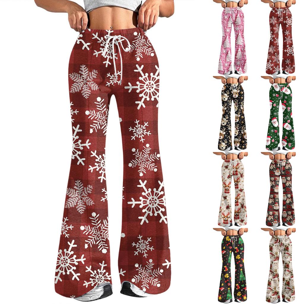 Women's Fashion Loose Drawstring Waist Christmas Printed Casual Sports Pants Casual Flared Pants