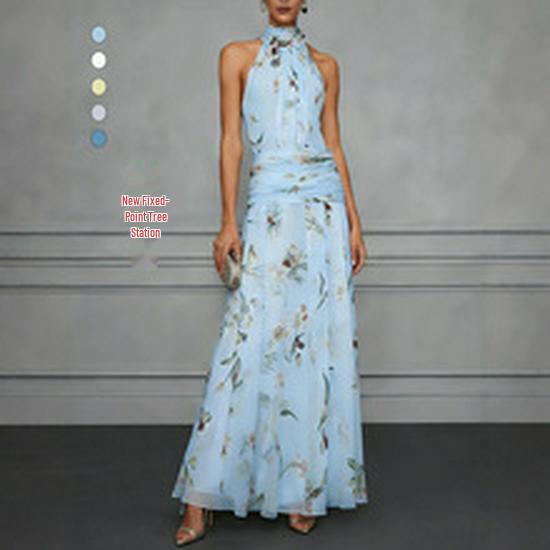 2025 European-American Style Sexy Backless Deep V Halter Evening Gown with Pleats
