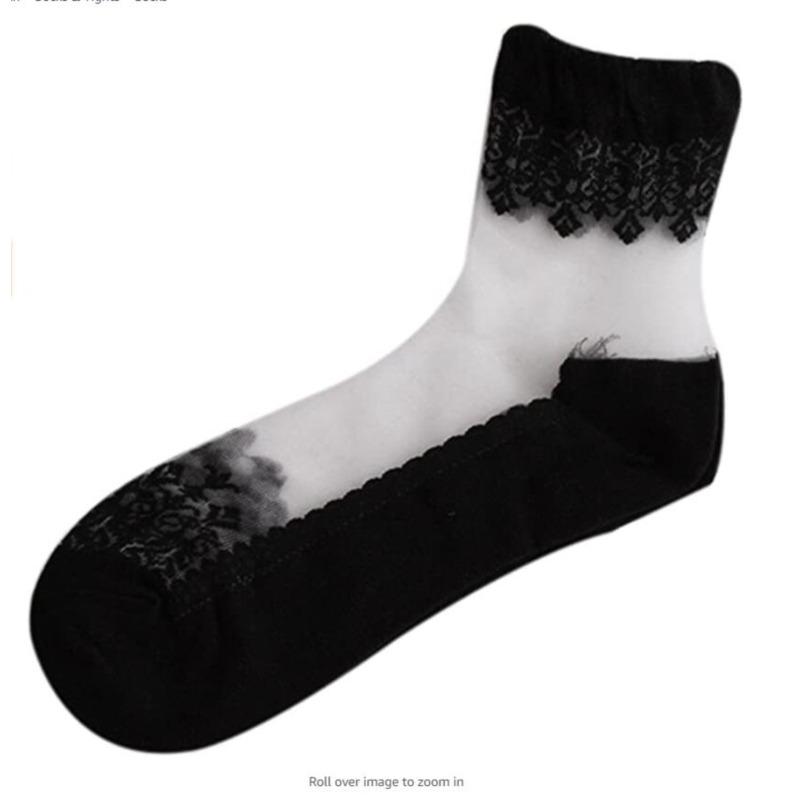 Women Sheer Crystal Lace Socks Transparent Ankle Socks with Ruffle Trim Stackable Fashion Footwear for Daily Wear