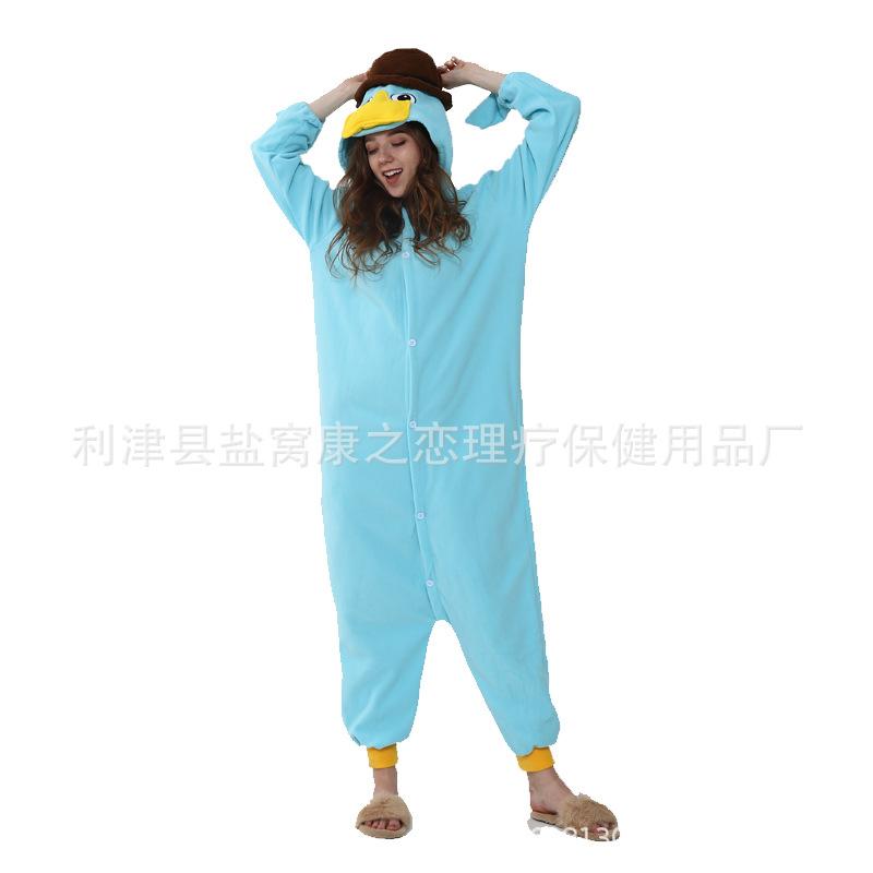 Animal Theme Cartoon One-Piece Pajamas Platypus Fleece Couple Loungewear