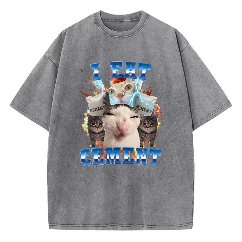 T-Shirt Vintage Gewaschenes Baumwoll-T-Shirt Ich Esse Zement Milch Katze Tier Grafik-T-Shirt Lässige Streetwear Frühling Sommer Herbst