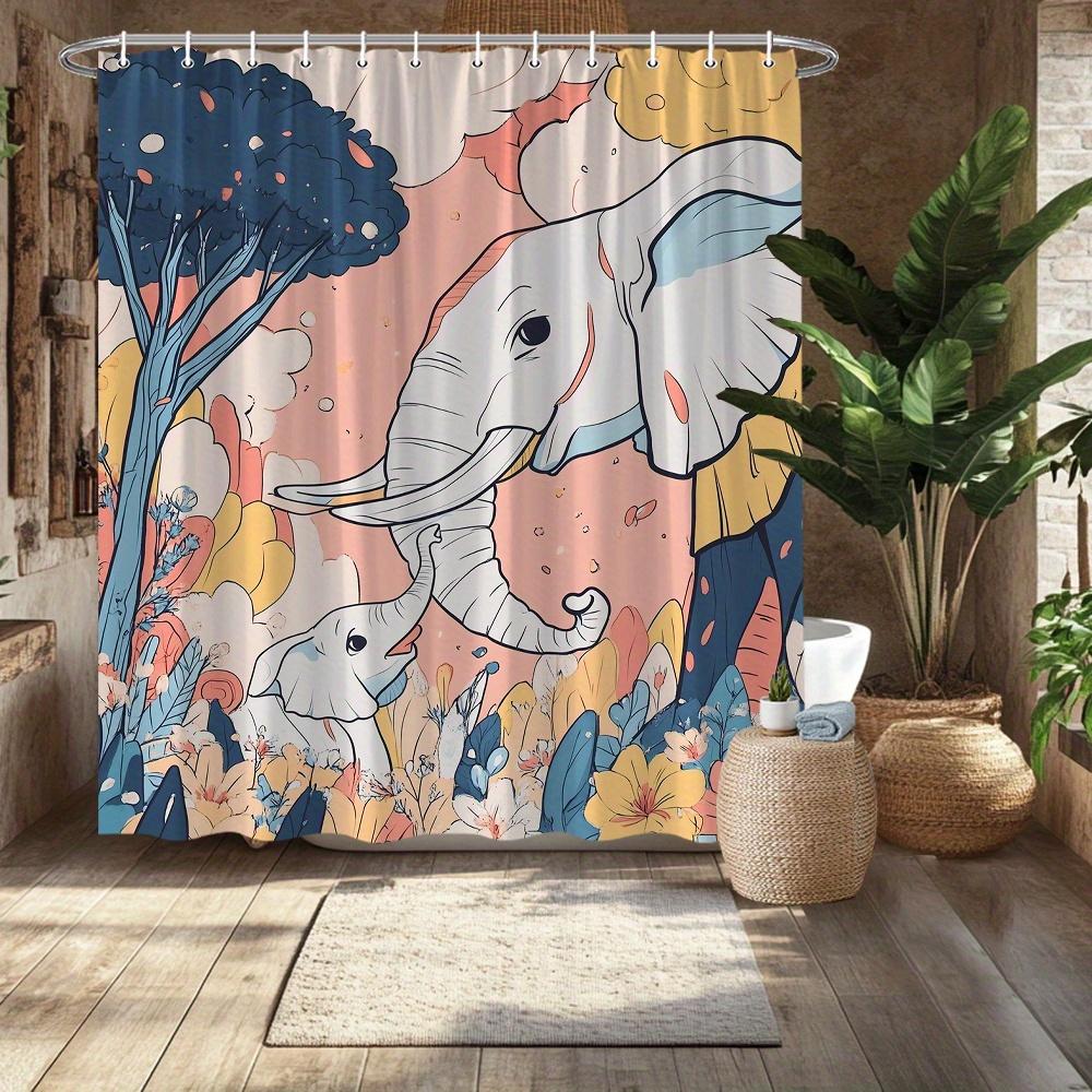 Elephant Family Shower Curtain, Illustrative Design with Calf, Floral & Pastel Colors, Fade-Resistant Polyester,Bath Decor