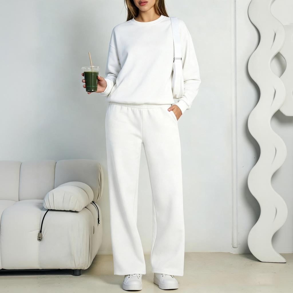 Felpa con Collo Colorato da Donna e Pantaloni Larghi Casual Set da 2 Pezzi