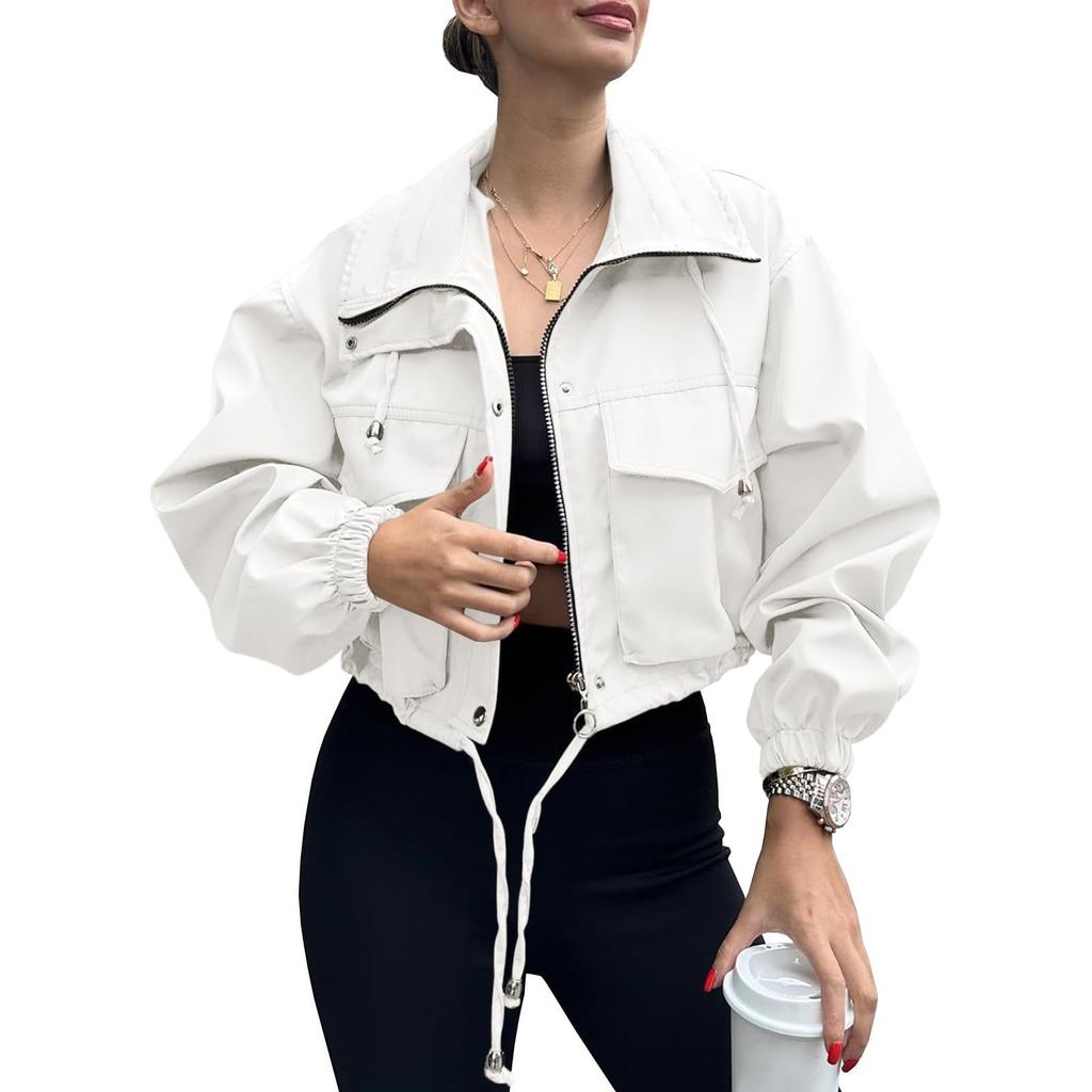 Women's Fashionable Solid Color Long Sleeved Pocket Short Jacket With Zipper Windbreaker Jacket