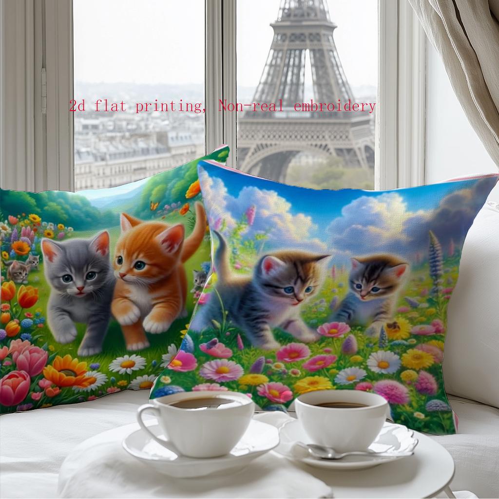 4pcs Set, 2D Flat Printing, Not Real Embroidery, Holiday Pillowcase Set, Spring-Themed Cozy Cat and Floral Pillowcase Set, Adorable Cats and Colorful