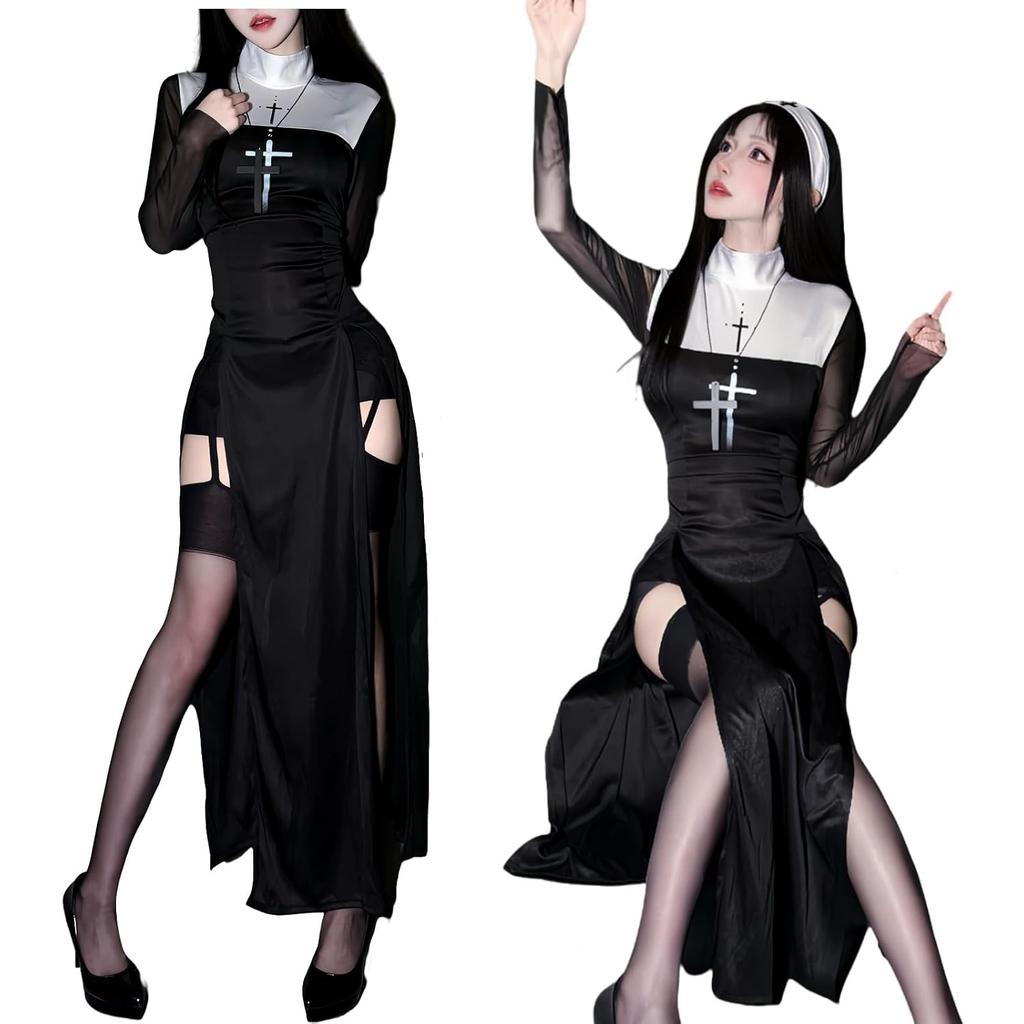 JUNDOMECY Sister cosplay sexy nun saint habit Halloween costume adult ladies cute long sleeve slit plus size outfit cross one-piece veil stockings