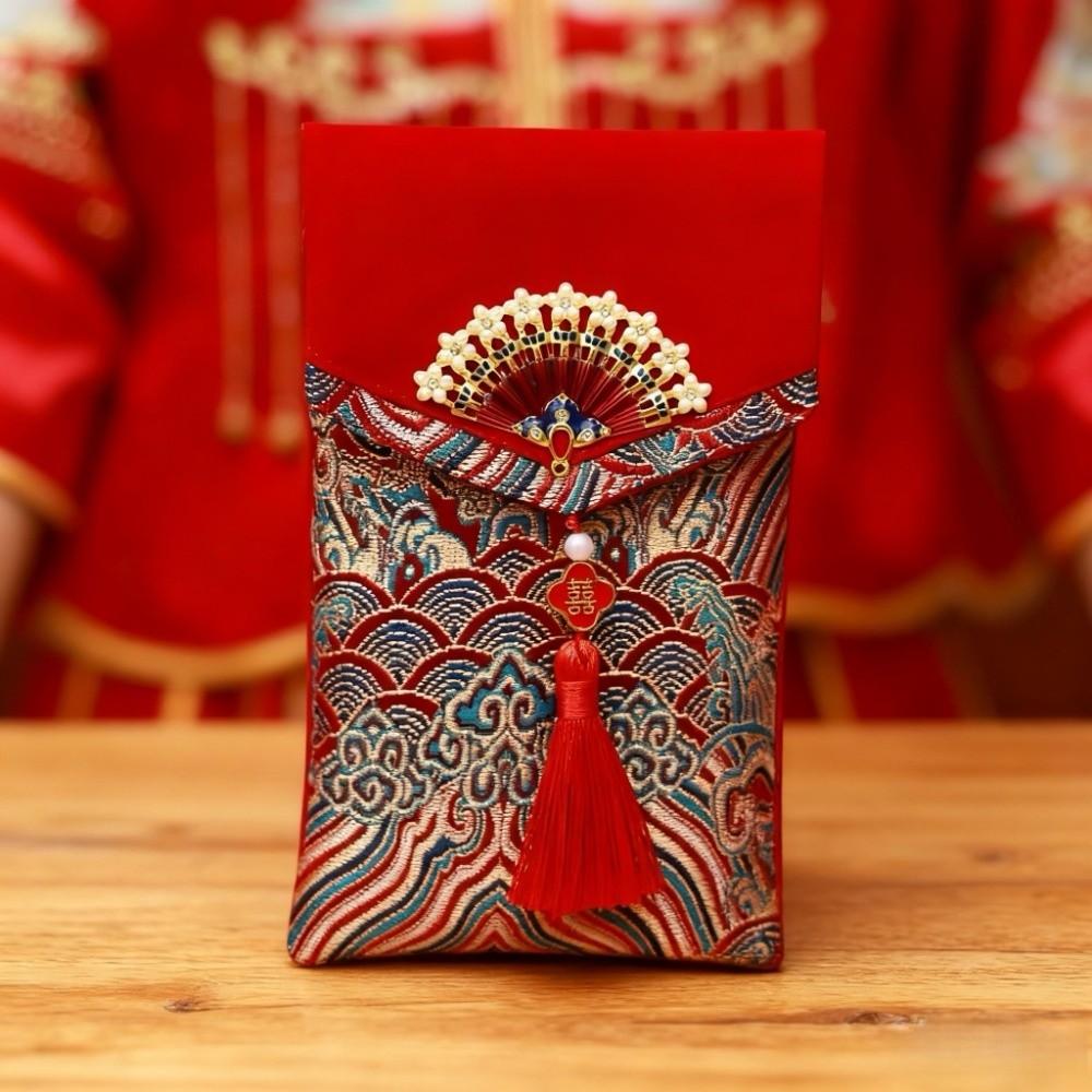 Chinese New Year Brocade Red Envelop Blessing Words Embroidery Lucky Red Pockets Tassel Best Wishes Hongbao Lunar New Year
