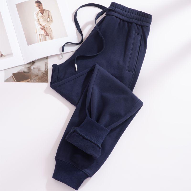 Royal Blue High Waist Winter Fleece-Lined Pure Cotton Sports Pants