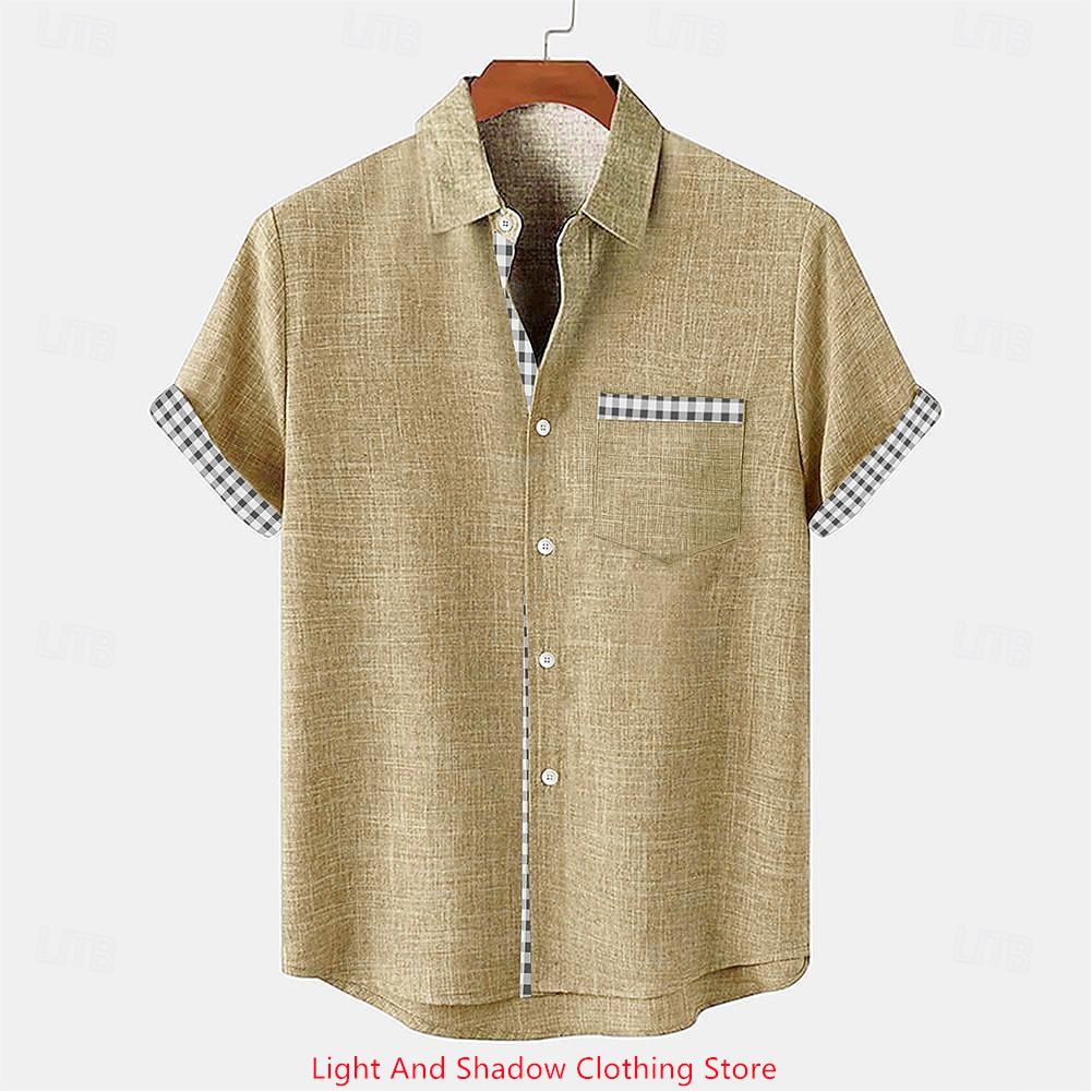 Men's Linen Shirt Hawaii Casual Vacation Men's Short Sleeved Lapel Pocket Shirt Men's Linen Top