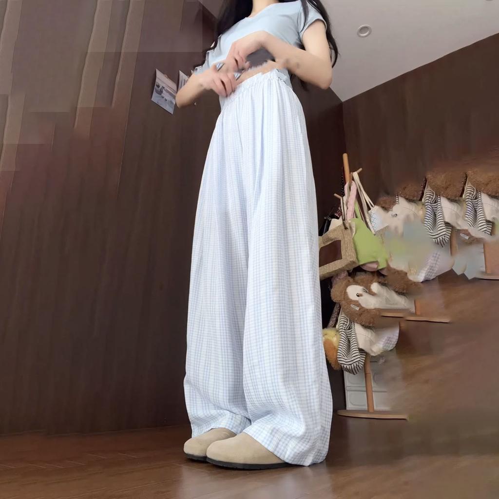 Blue Lazy Casual Plaid Wide-Leg Pants for Women - Summer Thin Loose Fit Slimming Straight-Leg Floor-Length Trousers