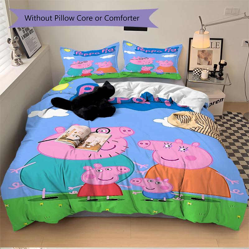 3pcs Peppa Pig Family Cartoon Print Bedding Set-Universal Three-Piece Suit for Bedroom, Guest Room, Living Room, Hotel Decorations-Perfect G