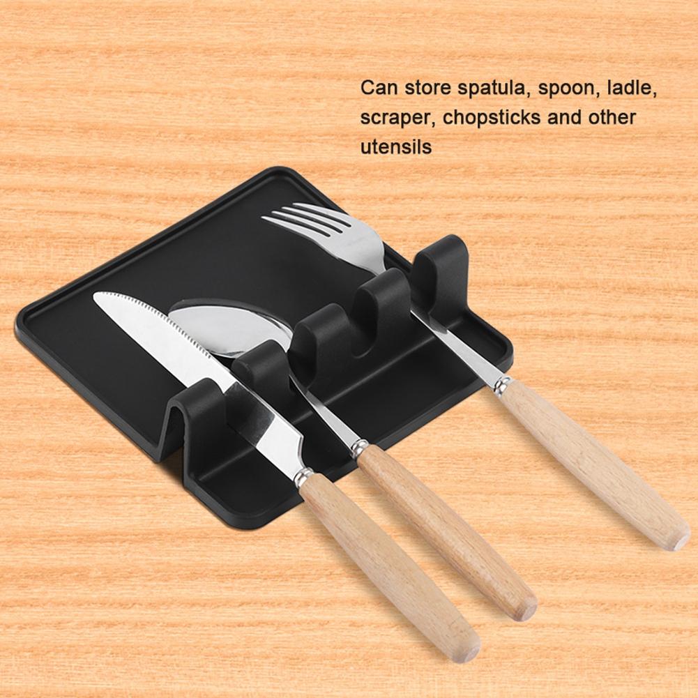 Food Grade Silicone Rack Spoon Spatula Utensils Rest Holder Organizer Kitchen Tool Black
