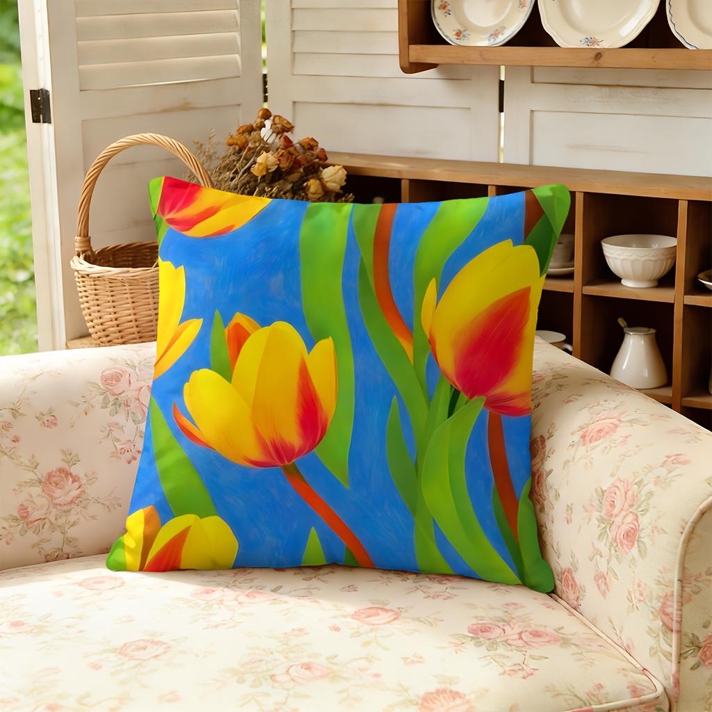Decorative Floral Tulip Pillowcase Cover for Home Accent Cushion Modern Vibrant Living Room Decor Print 40x40cm