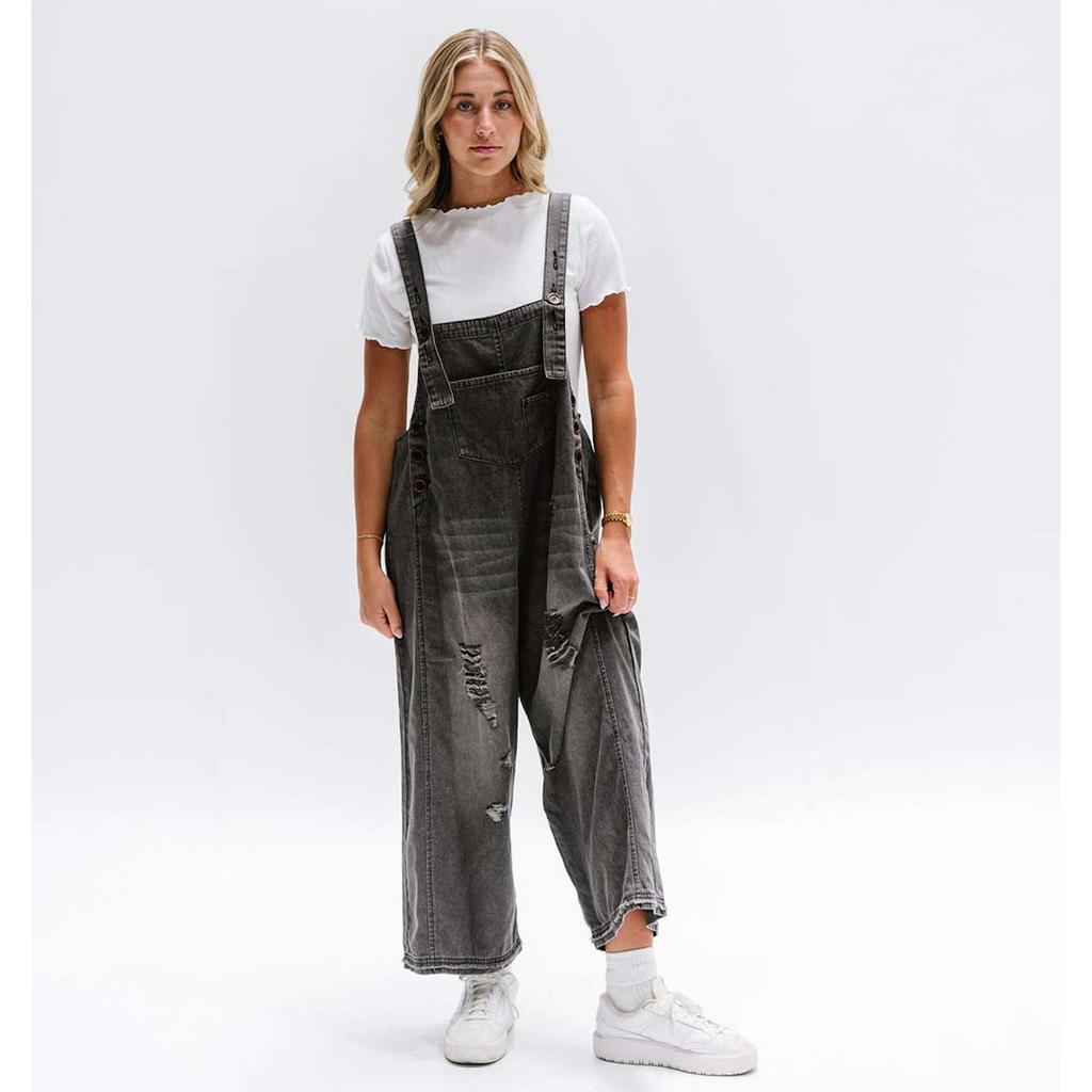 Retro Women Denim Bib Overalls Ripped Baggy Jean Jumpsuit Romper Pants with Pockets for Streetwear