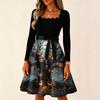 Women's Vintage Long Sleeve Square Neck Halloween Printed Party Dress for Evening Wear