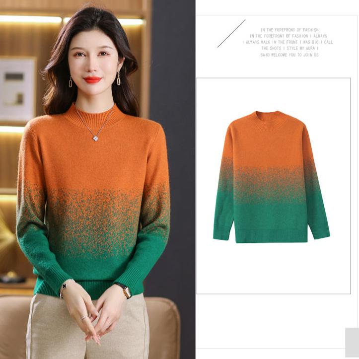 Women's Knitted Sweater Autumn and Winter Gradient Color Sweater Loose Pullover Thickened Knitted Sweater