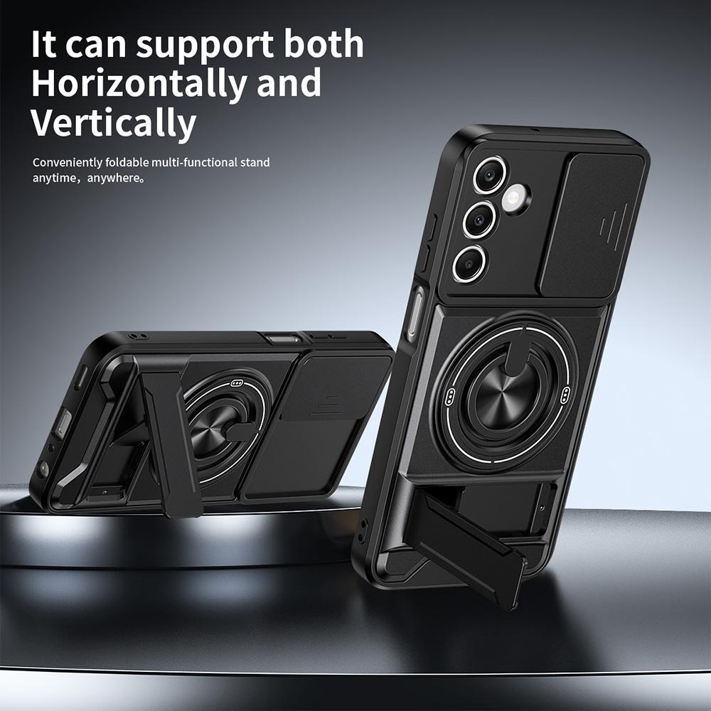 For Samsung Galaxy A25 5G (Global) (161mm) Magnetic Case Ring Holder Foldable Kickstand TPU PC Phone Cover with Camera Lens Slider