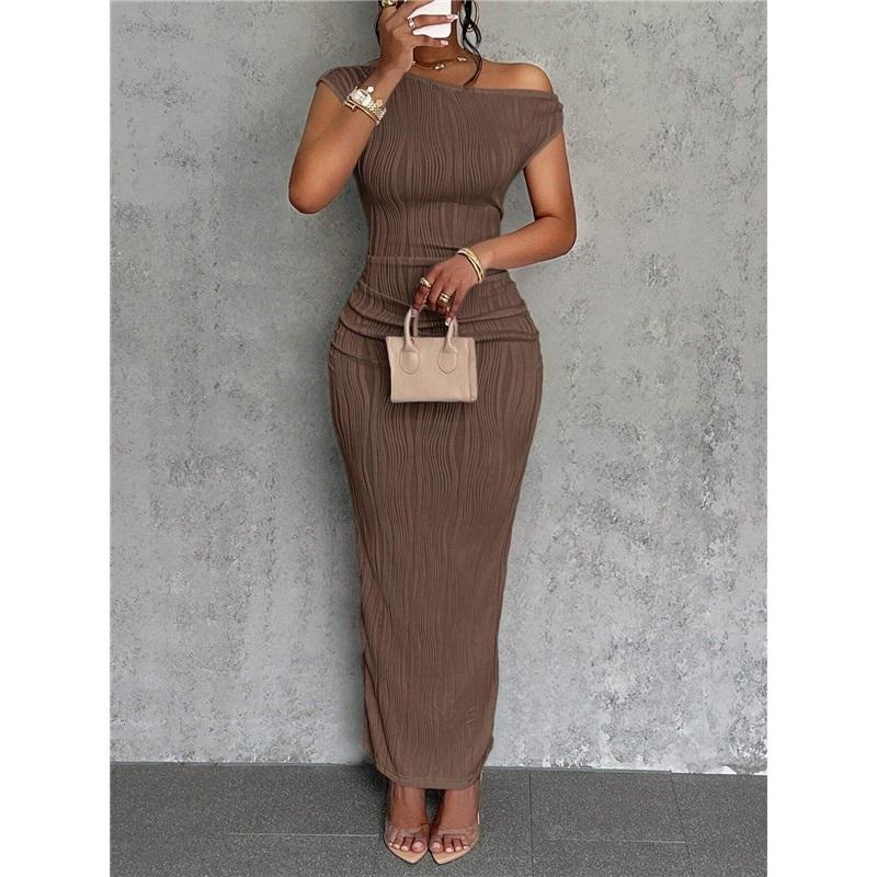 Sexy Solid Color Dress Cute Slim Water Ripple Diagonal Shoulder Dress