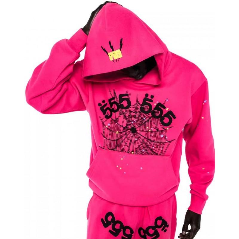 Felpa Sp5der Oversize Spessa in Pile con Stampa a Foglia Ragnatela Design Uomo Inverno Casual