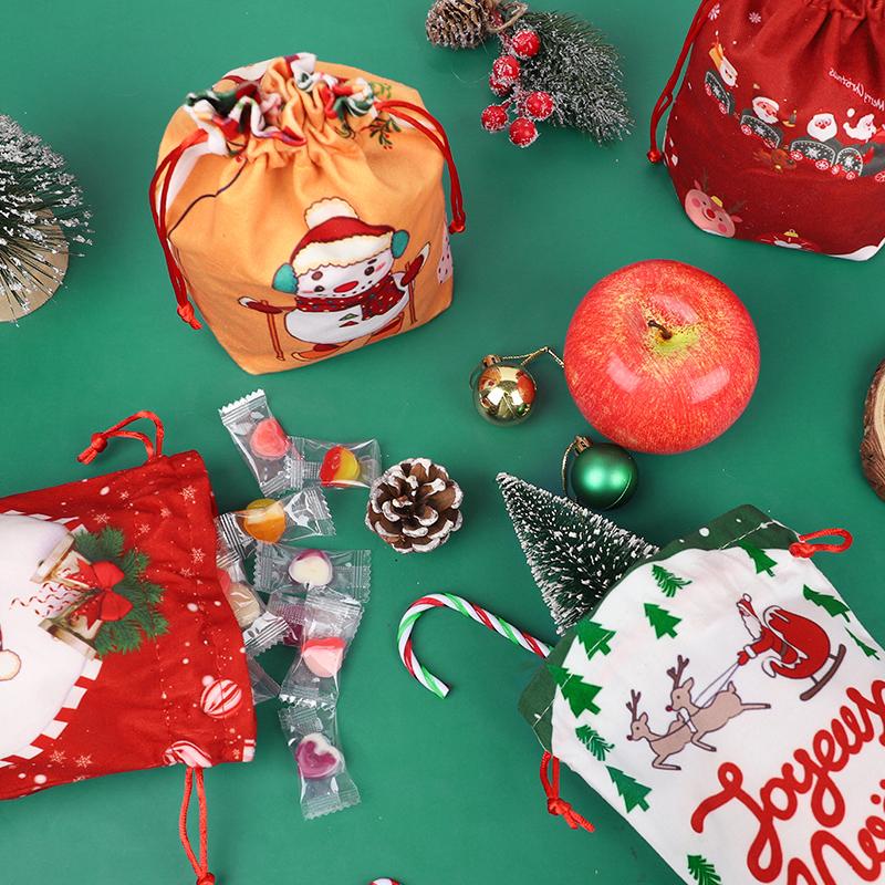 5pcs Christmas Drawstring Gift Bag Cartoon Candy Cookie Apple Wrap Bag Kids New Year Party Favors Supplies Christmas Decoration