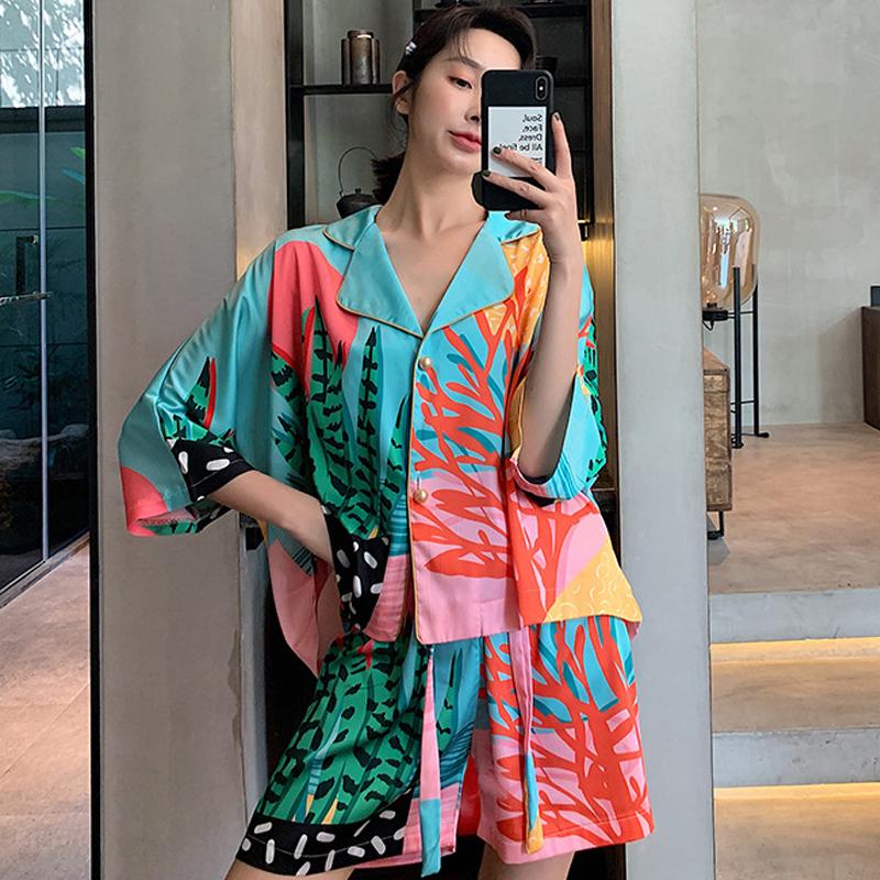 

Комплект атласной пижамы Весна-Лето Домашняя одежда Рубашка и брюки Женская принтованная ночная рубашка Свободная повседневная пижама из ледяного шелка XL