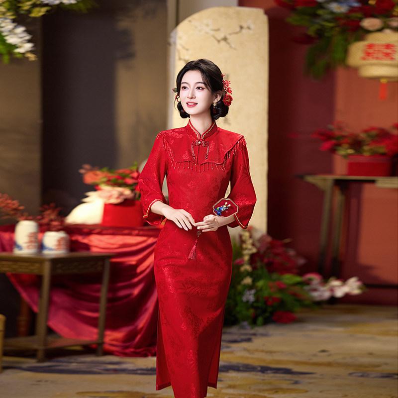 1011 New Chinese Red Long Sleeve Autumn Improved Cheongsam Women's Premium Bridal Toast Wedding Dress