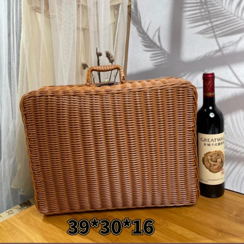Retro Ratanový Kufr Proutěný Ručně Vyráběný Cestovní Koš Kemping Úložný Prostor na Jídlo Zavazadlo Slámový Pletený Nádoba na Svačinu Piknikový Kufr