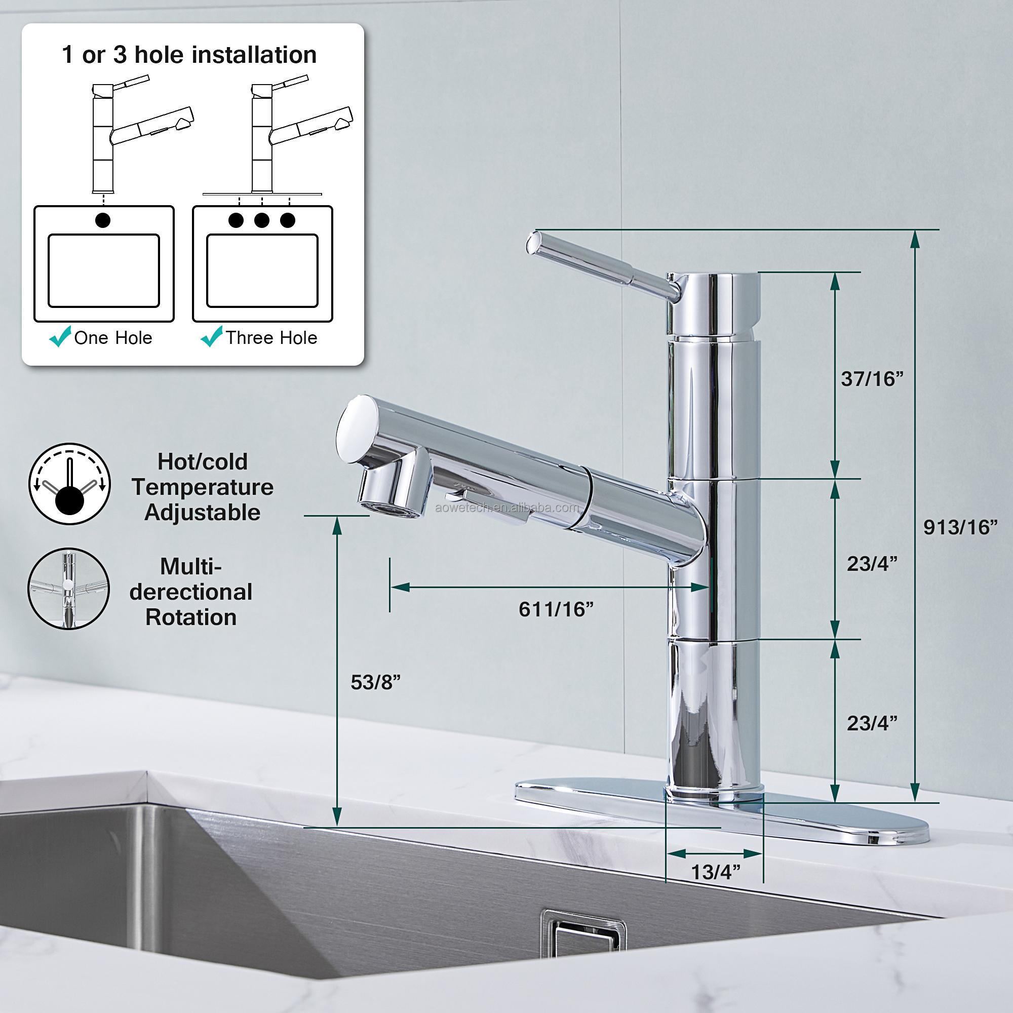 AOWE Modern Design Chrome Plated Brushed Stainless Steel Kitchen Faucet Deck Mounted Pull-Out Spray Ceramic Valve 1 Stretchable (as the picture,Chrome)